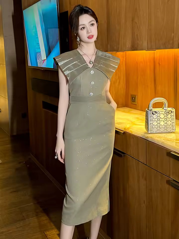 Sweet Lapel Turn-Down Collar Sleeveless Slim Pencil Blazer Midi Dress