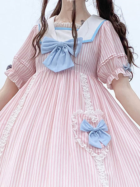 Sweet Lolita OP Stripes Bows Short Sleeves One Piece Dresses