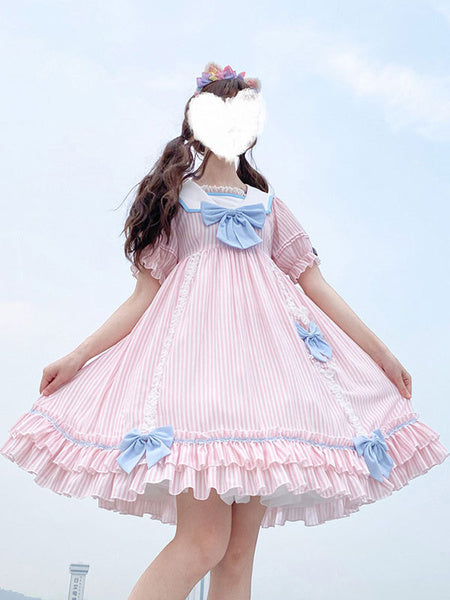 Sweet Lolita OP Stripes Bows Short Sleeves One Piece Dresses
