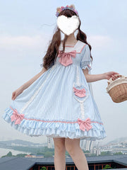 Sweet Lolita OP Stripes Bows Short Sleeves One Piece Dresses