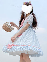 Sweet Lolita OP Stripes Bows Short Sleeves One Piece Dresses