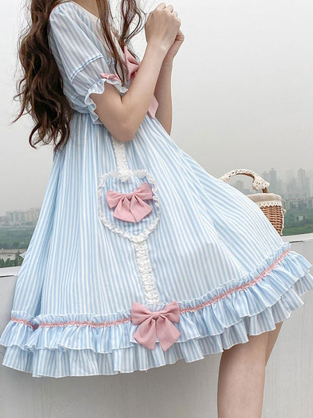 Sweet Lolita OP Stripes Bows Short Sleeves One Piece Dresses