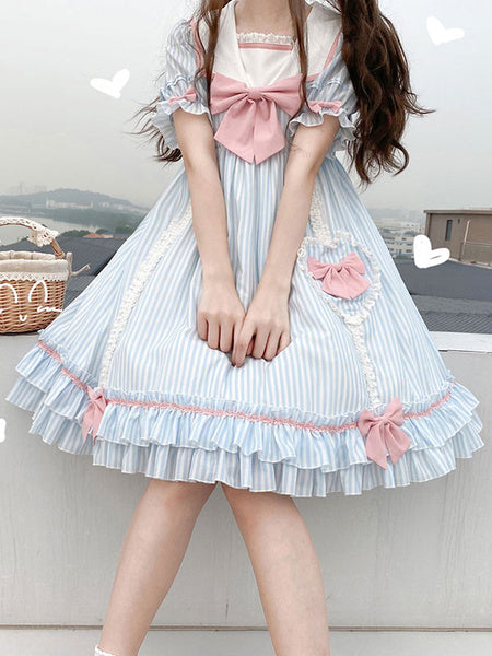 Sweet Lolita OP Stripes Bows Short Sleeves One Piece Dresses
