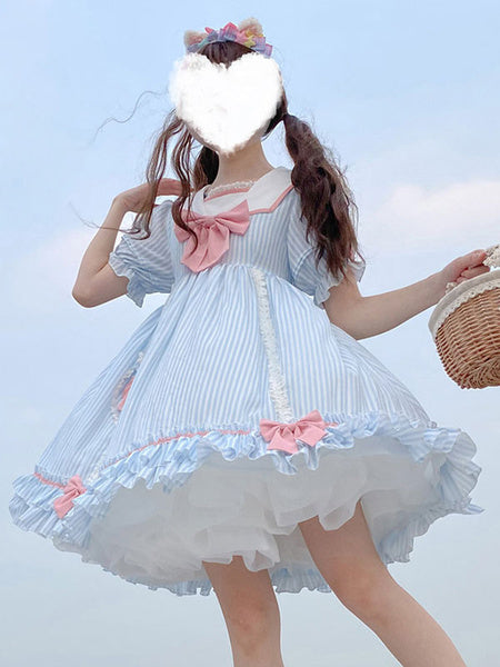 Sweet Lolita OP Stripes Bows Short Sleeves One Piece Dresses
