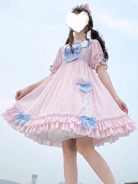 Sweet Lolita OP Stripes Bows Short Sleeves One Piece Dresses