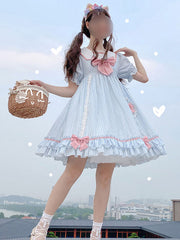 Sweet Lolita OP Stripes Bows Short Sleeves One Piece Dresses