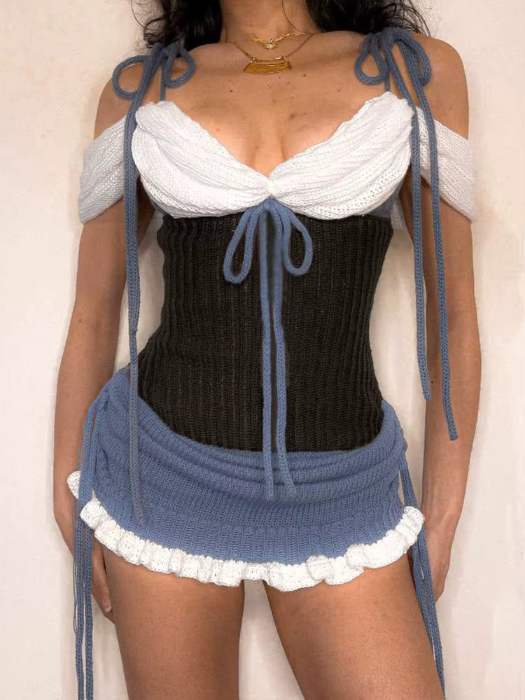 Sweet Ruffles Crochet Patchwork Lace-Up Tassel Off The Shoulder Mini Dress