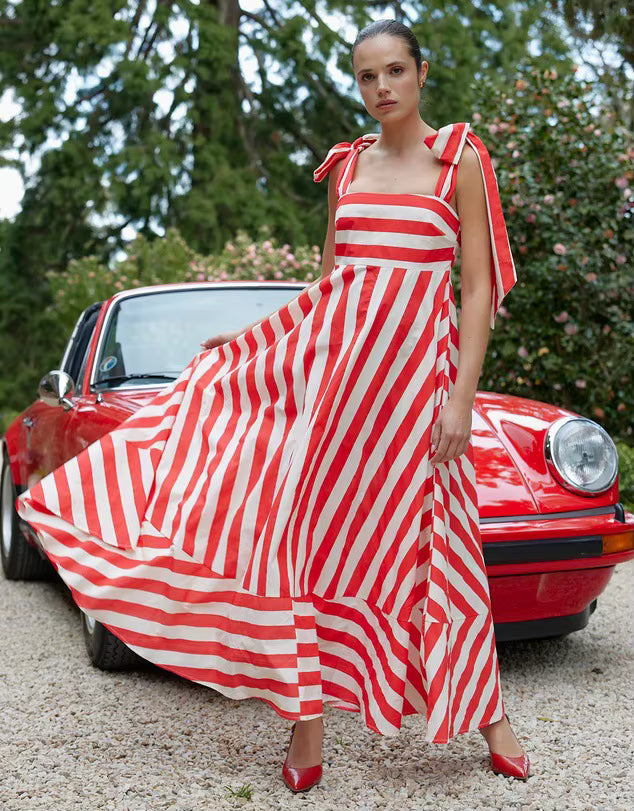 Sweet Square Collar Printed Stripe Lace Up Ankle-Length Maxi Dress