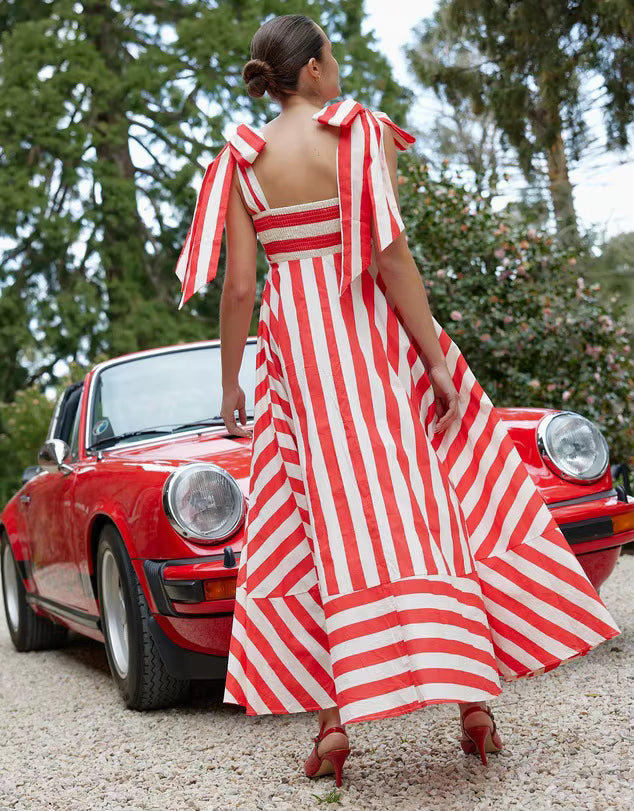 Sweet Square Collar Printed Stripe Lace Up Ankle-Length Maxi Dress