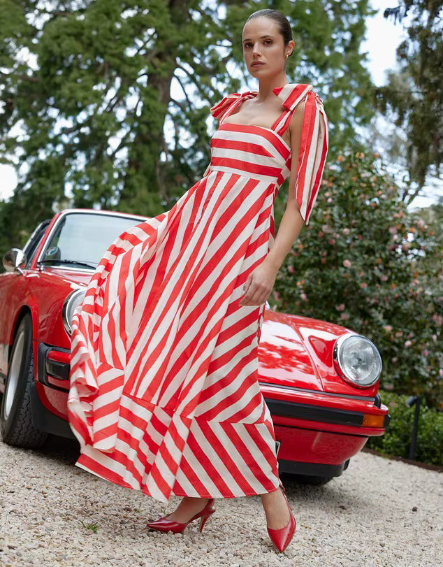 Sweet Square Collar Printed Stripe Lace Up Ankle-Length Maxi Dress