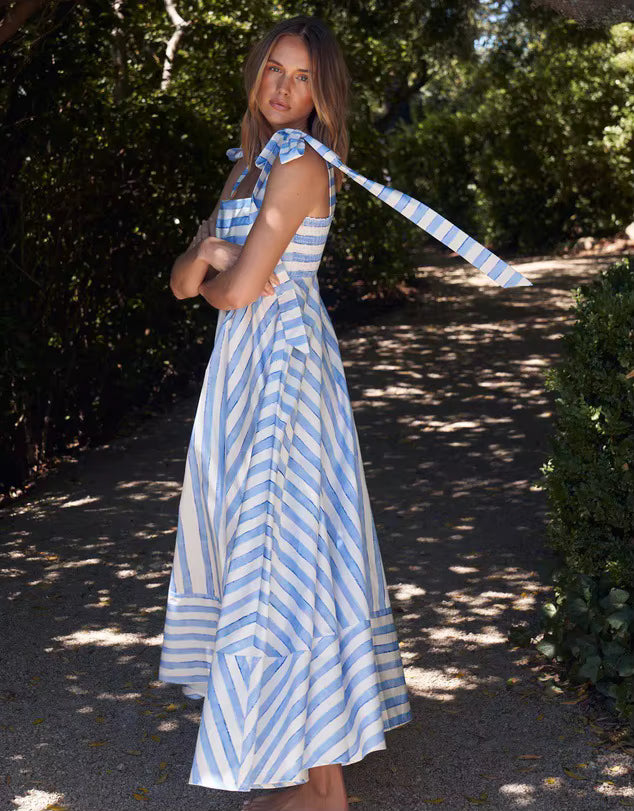 Sweet Square Collar Printed Stripe Lace Up Ankle-Length Maxi Dress