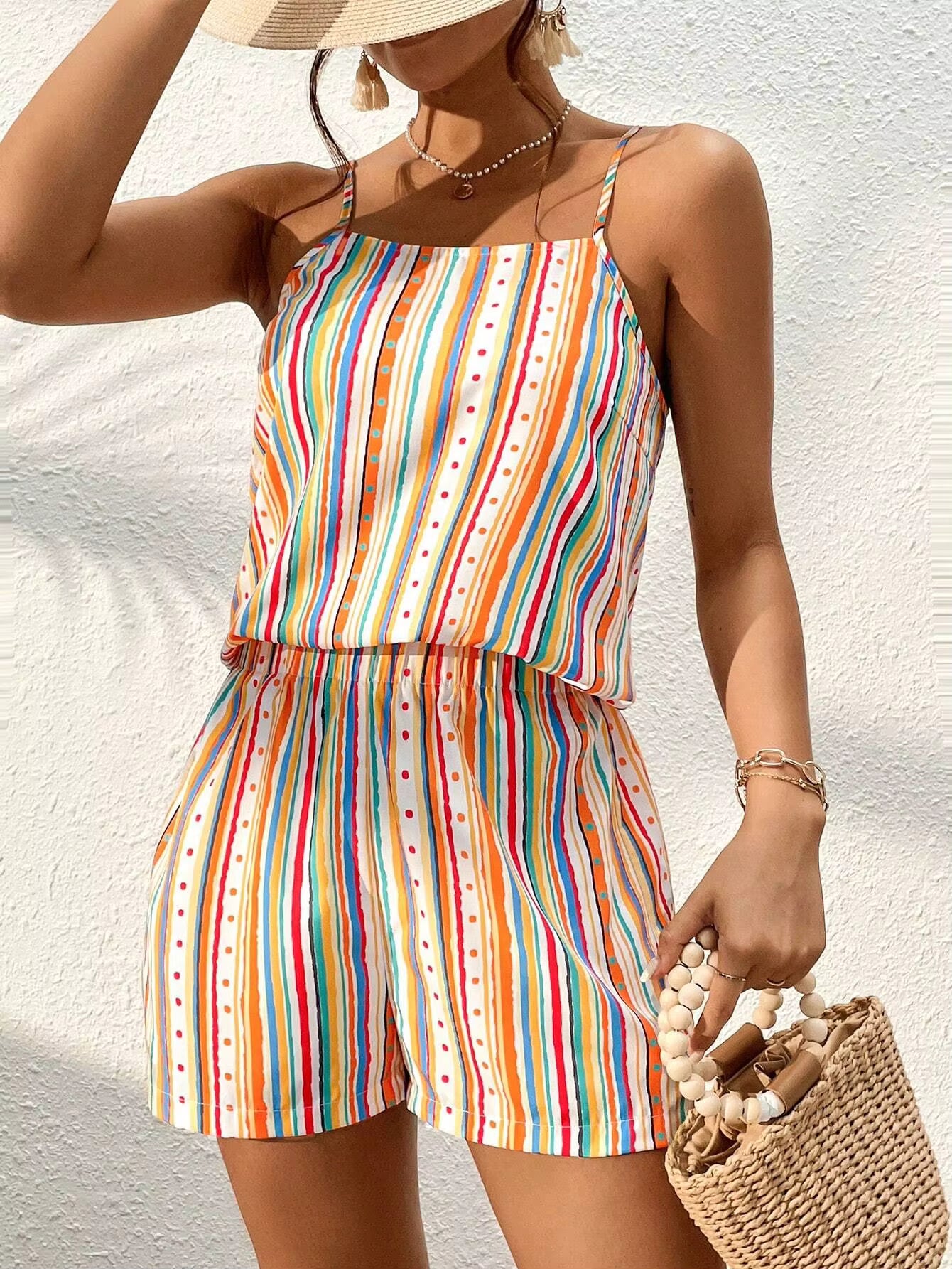 Sweet Striped Polka Dot Suspender Shorts And Top 2 Piece Set
