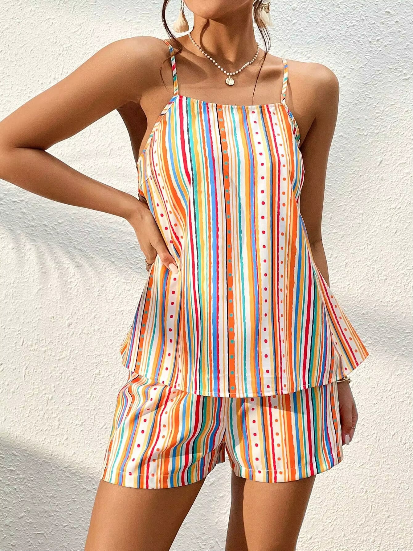 Sweet Striped Polka Dot Suspender Shorts And Top 2 Piece Set
