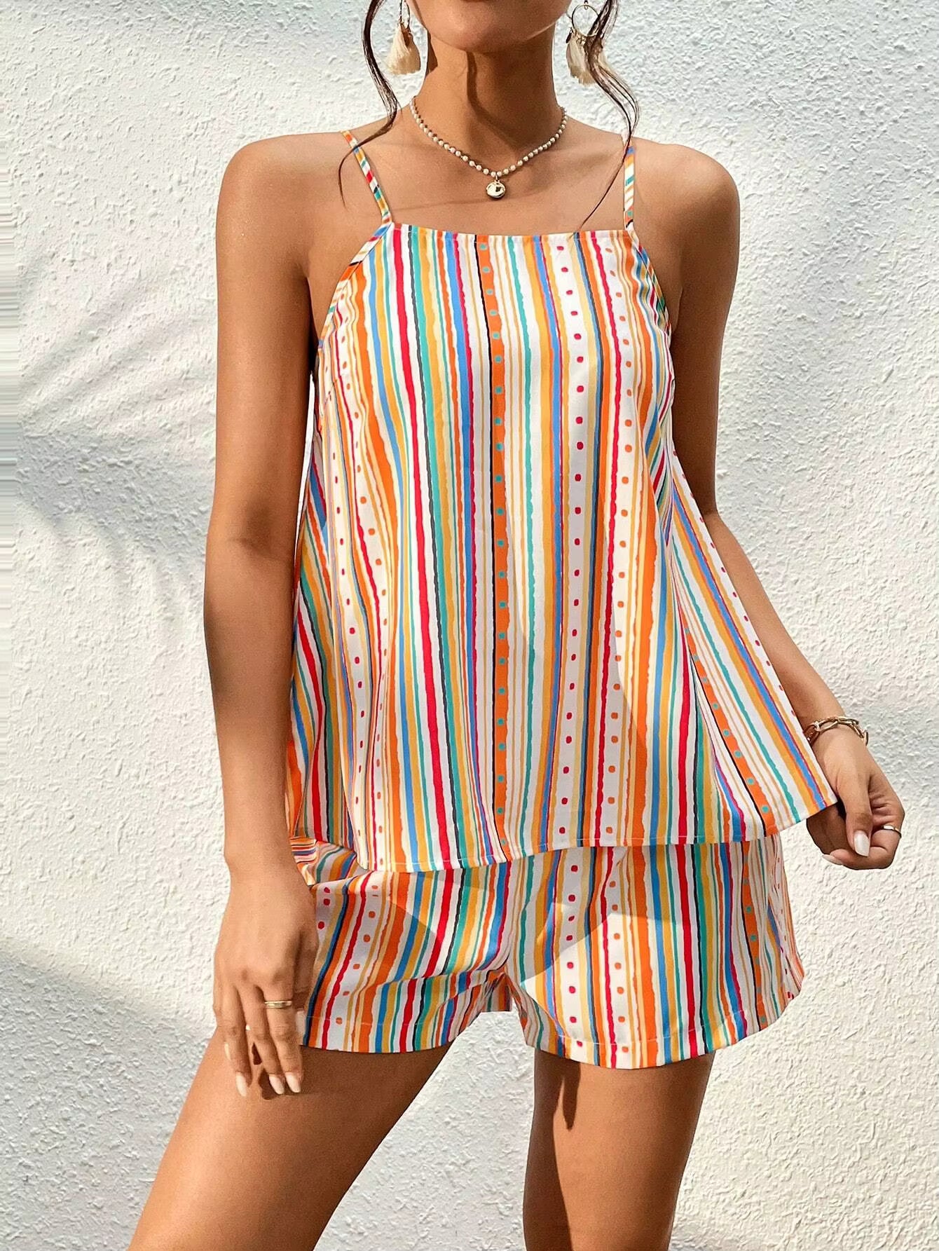 Sweet Striped Polka Dot Suspender Shorts And Top 2 Piece Set