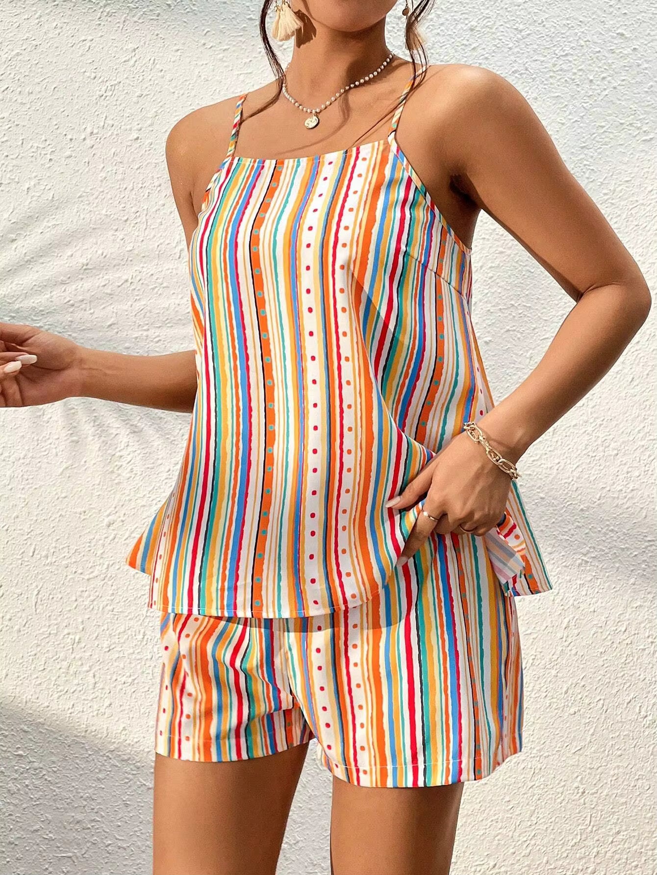 Sweet Striped Polka Dot Suspender Shorts And Top 2 Piece Set