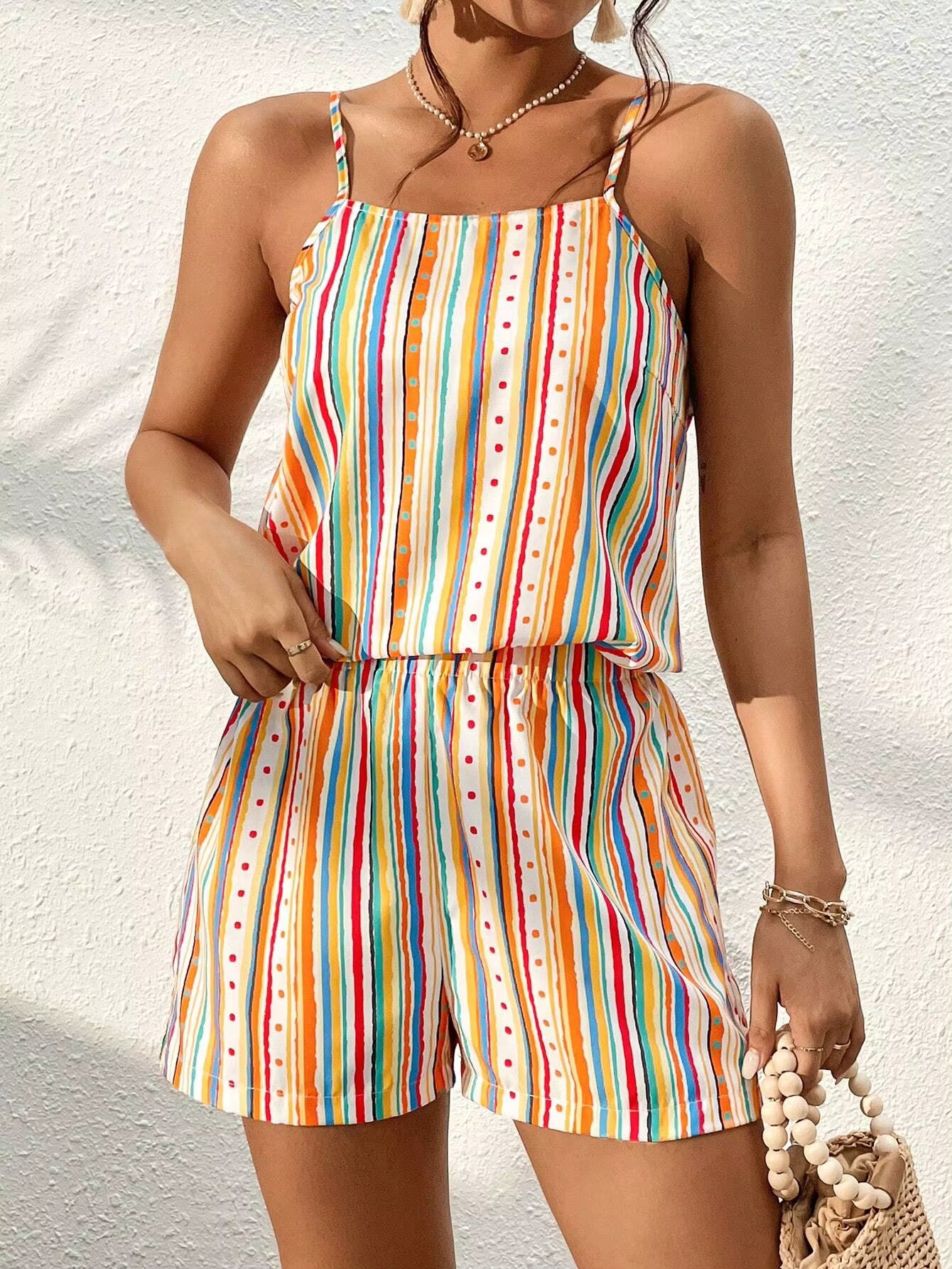 Sweet Striped Polka Dot Suspender Shorts And Top 2 Piece Set
