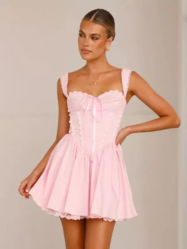 Sweet Sweetheart Neck Lace-Trimmed Ruffles Lace up Mini Dress