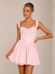 Sweet Sweetheart Neck Lace-Trimmed Ruffles Lace up Mini Dress