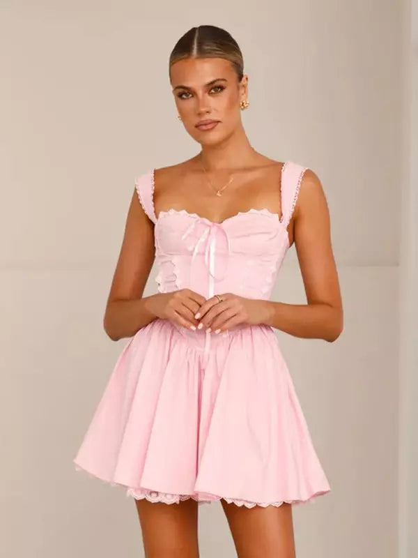 Sweet Sweetheart Neck Lace-Trimmed Ruffles Lace up Mini Dress