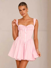Sweet Sweetheart Neck Lace-Trimmed Ruffles Lace up Mini Dress