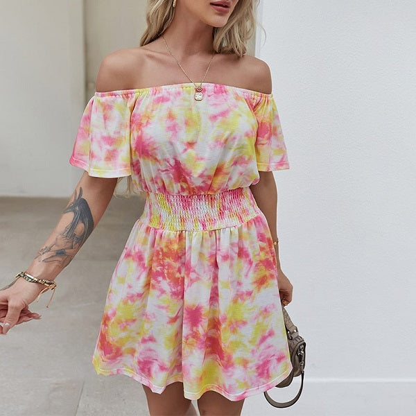 Sweet Tie Dye Off-the-shoulder Short Sleeve Dress