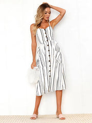Sweetheart Neck Buttons Up Striped Spaghetti Strap Sleeveless A Line Midi Dresses