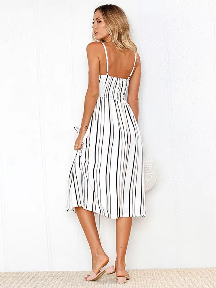 Sweetheart Neck Buttons Up Striped Spaghetti Strap Sleeveless A Line Midi Dresses