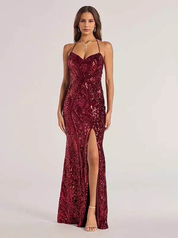 Sweetheart Neckline Tie-back Halter Straps Sequin Mermaid Long Dress