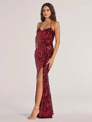 Sweetheart Neckline Tie-back Halter Straps Sequin Mermaid Long Dress