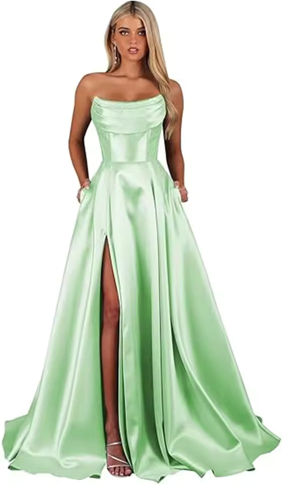 Elegant Strapless With Pocket A Line Wedding Corset Formal Evening Prom Maxi Dress