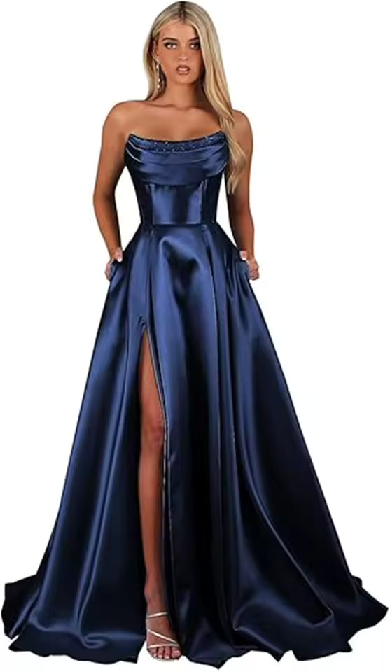 Elegant Strapless With Pocket A Line Wedding Corset Formal Evening Prom Maxi Dress