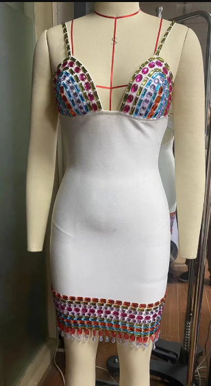 Casual Strap V Neck Crystal Sleeveless Bandage Diamonds Bodycon Mini Dress