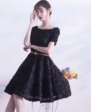 Elegant Flowers High Neck A-LINE Short Sleeve Bespoke Cocktail Party Mini Dress