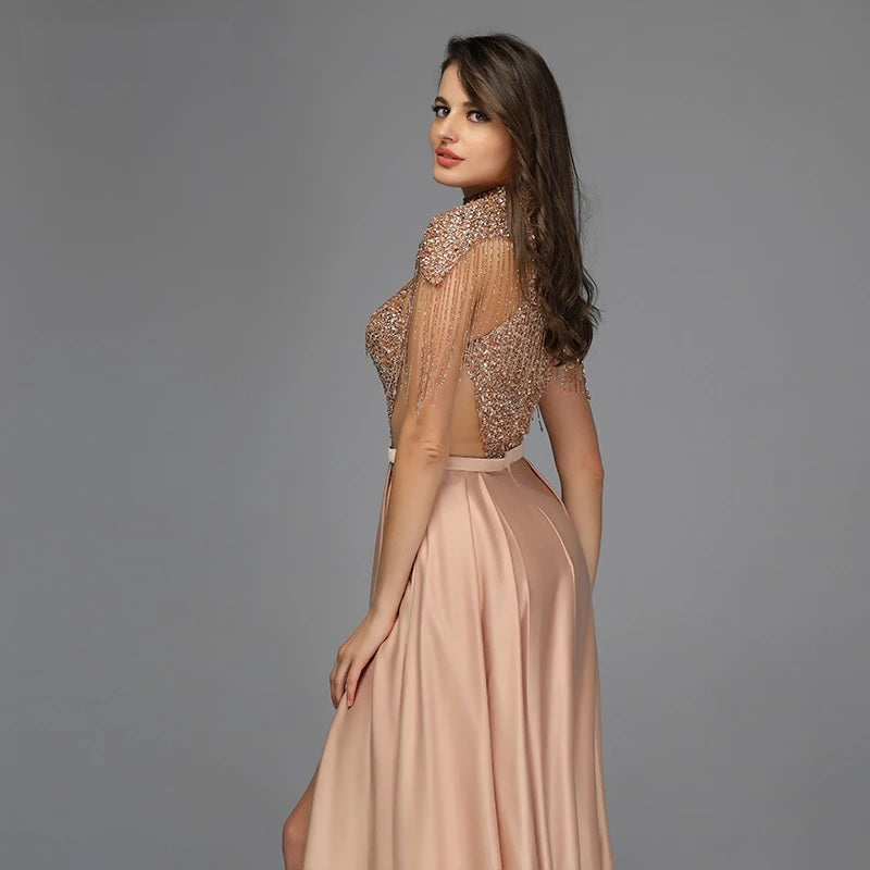 Tassel Beading A-Line High Neck Sparkle Prom Dress