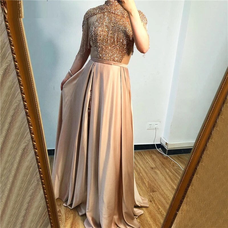 Tassel Beading A-Line High Neck Sparkle Prom Dress