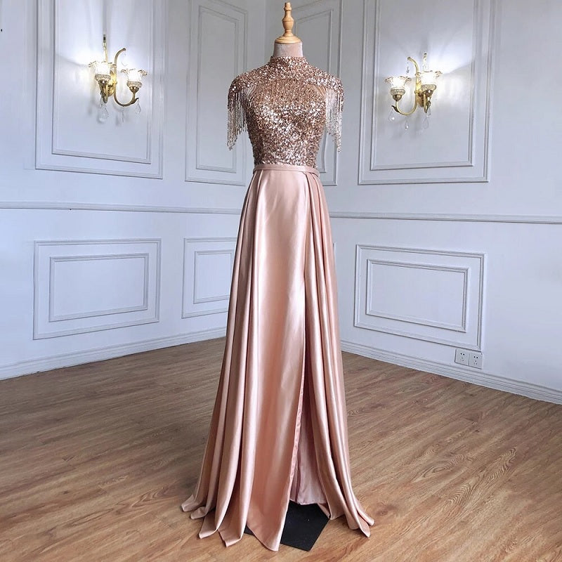 Tassel Beading A-Line High Neck Sparkle Prom Dress