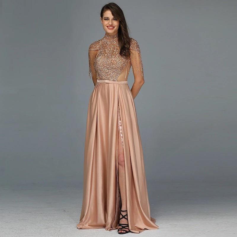 Tassel Beading A-Line High Neck Sparkle Prom Dress