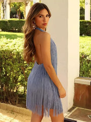 Tassel Fringe With Open Back Halter Neckline For Party Mini Dress