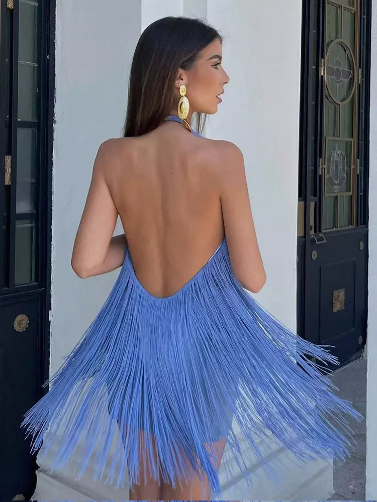 Tassel Fringe With Open Back Halter Neckline For Party Mini Dress