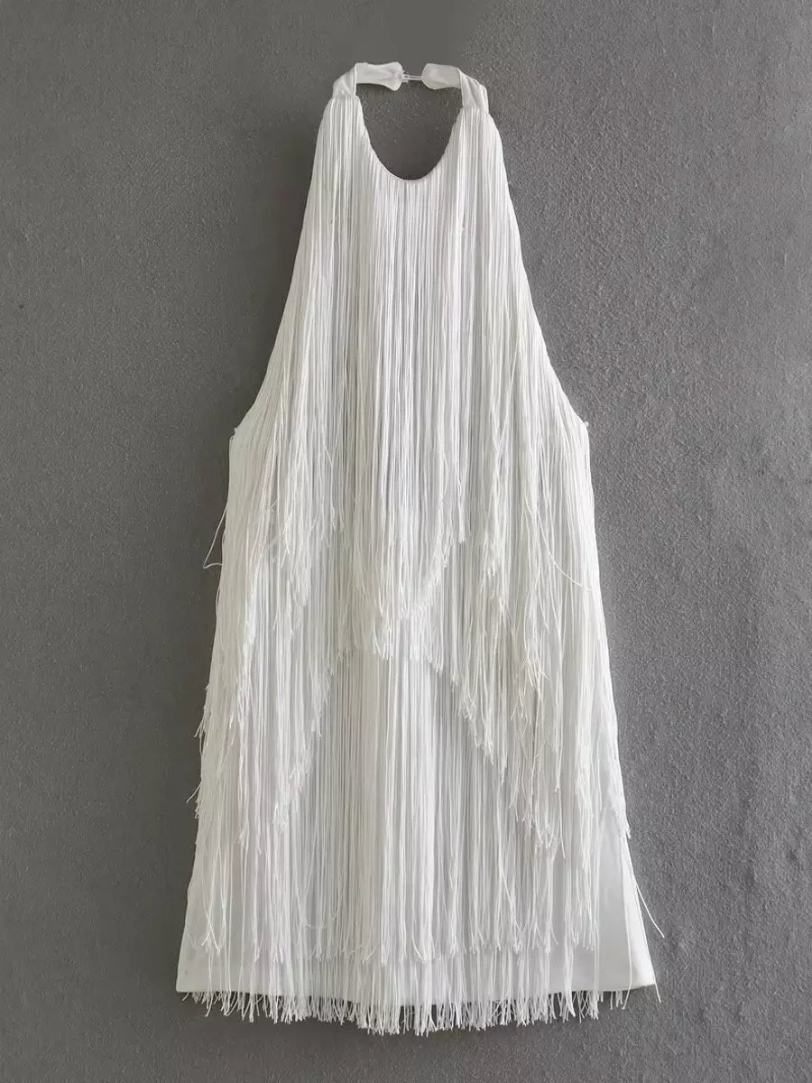Tassel Fringe With Open Back Halter Neckline For Party Mini Dress