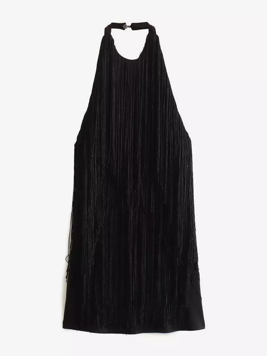 Tassel Fringe With Open Back Halter Neckline For Party Mini Dress
