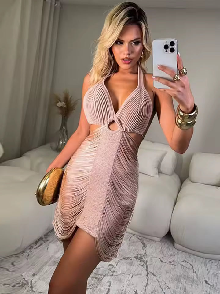Tassel Knitting Halter Sleeveless Hollow Out Backless Beach Dresses