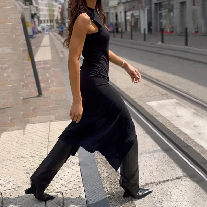 Temperament Design Street Style Combination Retro Knee-Length Dress