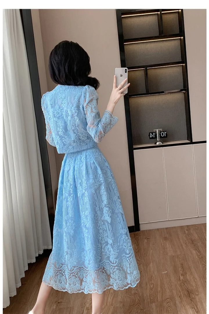 Temperament Lace Flower Embroidery Long Sleeve Pearls Buttons Crop Top Midi Skirts 2 Piece Set