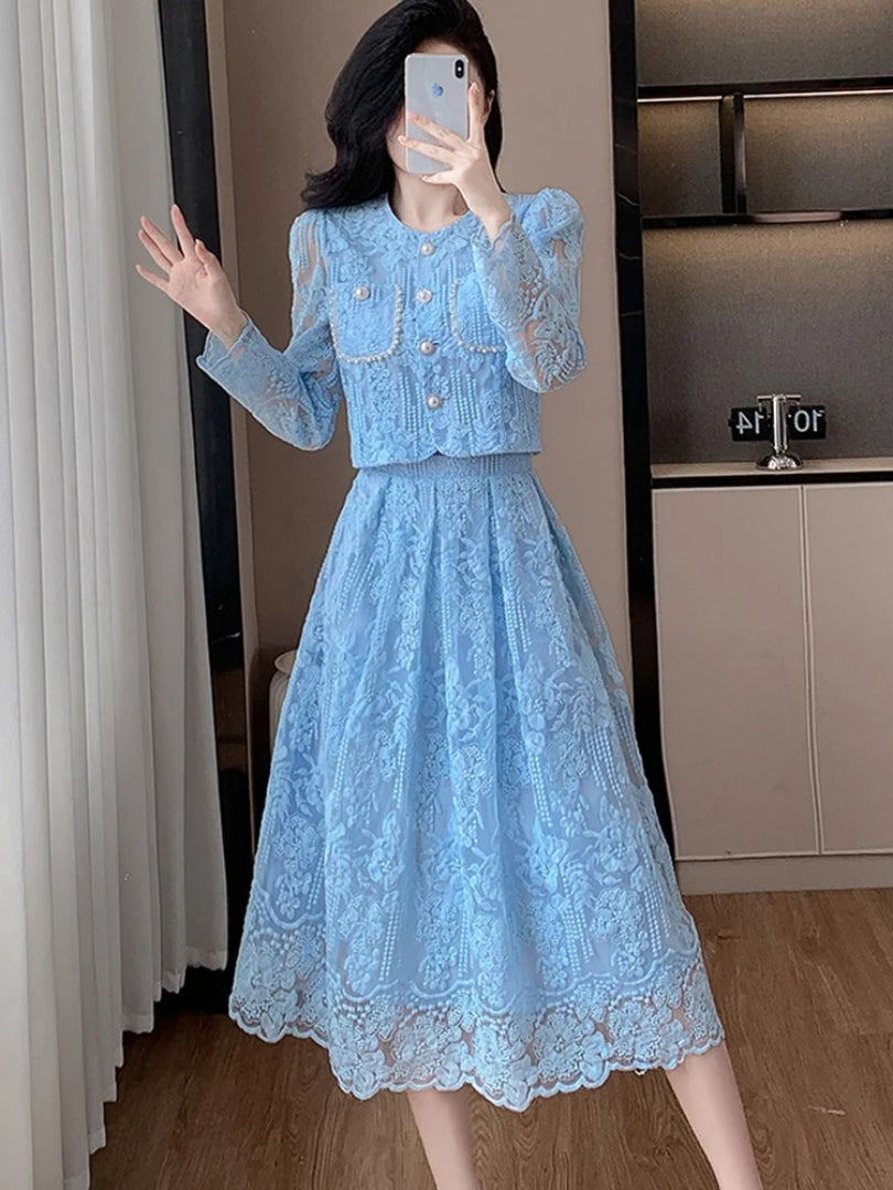 Temperament Lace Flower Embroidery Long Sleeve Pearls Buttons Crop Top Midi Skirts 2 Piece Set