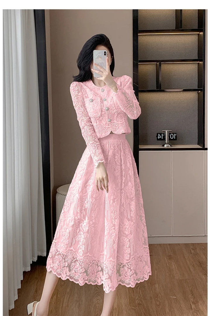 Temperament Lace Flower Embroidery Long Sleeve Pearls Buttons Crop Top Midi Skirts 2 Piece Set