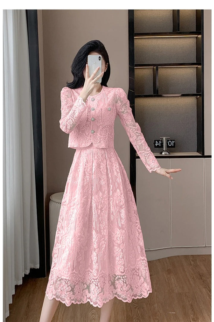 Temperament Lace Flower Embroidery Long Sleeve Pearls Buttons Crop Top Midi Skirts 2 Piece Set