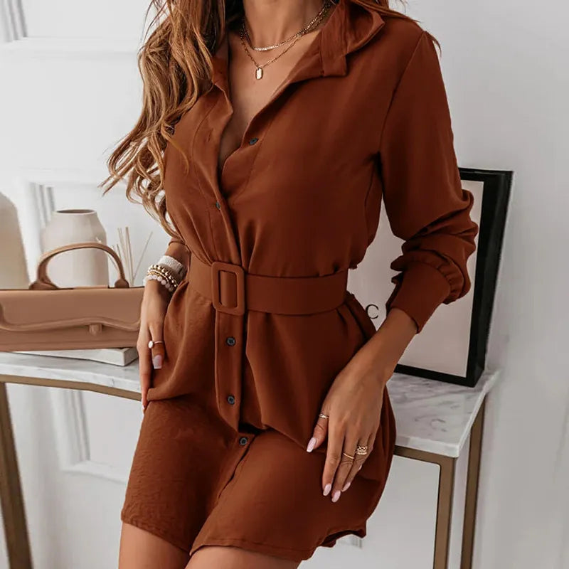 Temperament Solid Color Lapel Mini Dress