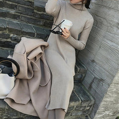 Thicken Turtleneck Full Sleeve Knitted Pullovers Vestidos Sweater Dress