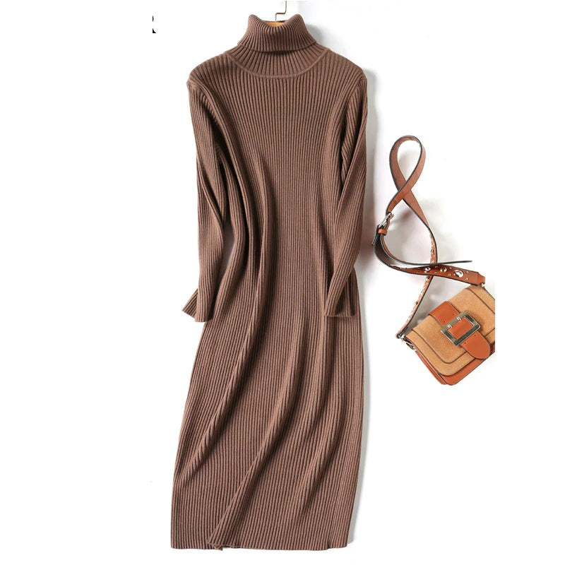 Thicken Turtleneck Full Sleeve Knitted Pullovers Vestidos Sweater Dress